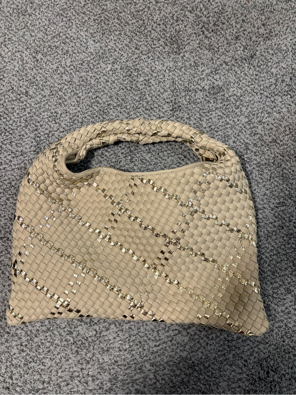 HAUTE SHORE Beige Woven Shoulder Bag with Gold Accents